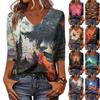 Women's Halloween Print V Neck Top 3/4 Sleeve Casual Shirt Lightweight Comfortable Fit Suitable for Seasonal Wear