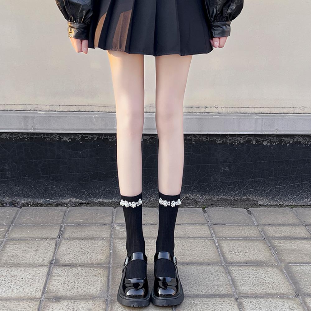 Black and White Calf Socks Pearl Solid Color Fairy Pearl Socks Loli Ins Tide Pure Cotton Jk Medium Tube Socks Spring and Autumn