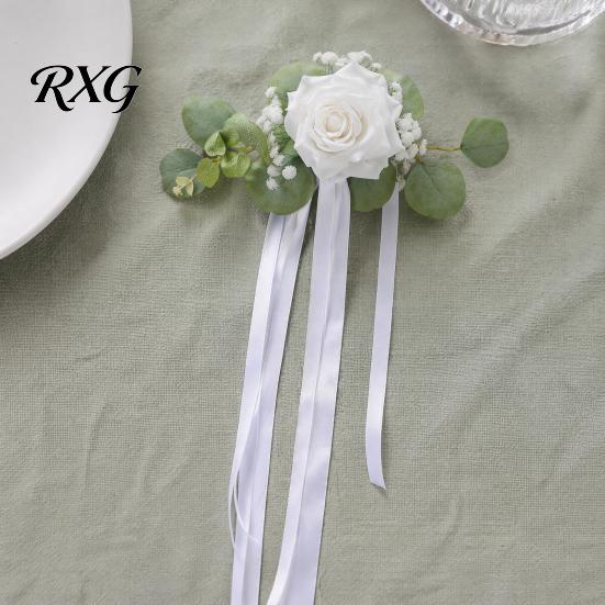 Décoration de Voiture Résistante aux Intempéries Fleur pour Poignée de Porte de Mariage avec Lien Ruban et Feuilles Vertes, Kit Artificiel Blanc Abordable Bouquet Rose pour Rétroviseur Arrière