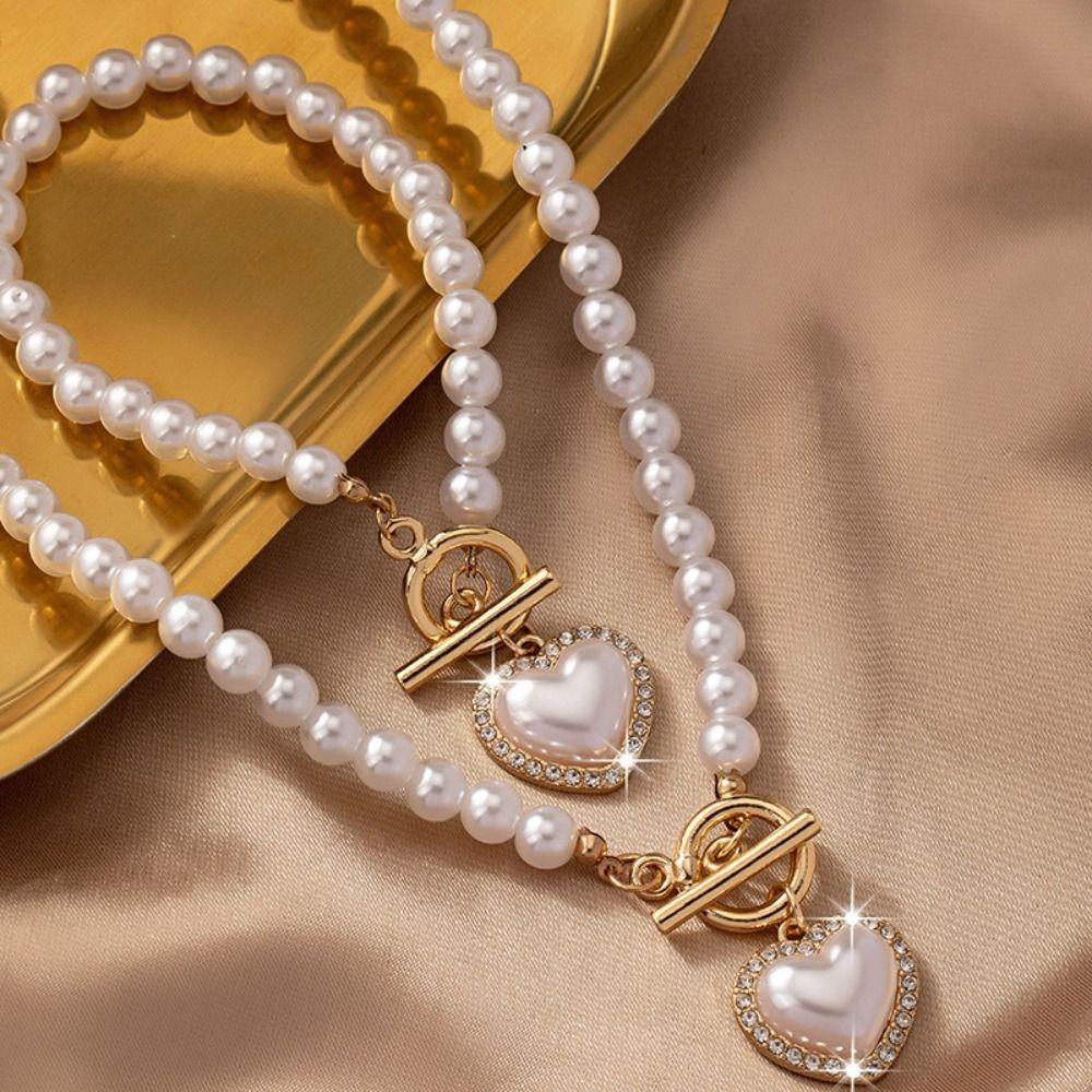 Exquisite Heart Pendant Jewelry Set Beaded Pearl Necklace Set Necklace Bracelet Set  Wedding Party