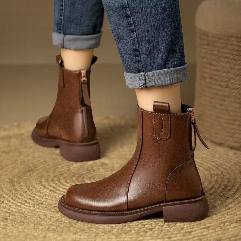 Autumn And Winter New Soft Bottomed Cowhide Women'S Boots With Plush And Thick Genuine Leather Brown Cowhide Short Boots