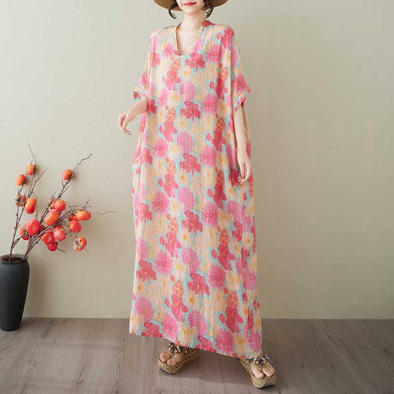 V-neck Retro Long Skirt Cotton Linen Dress for Women