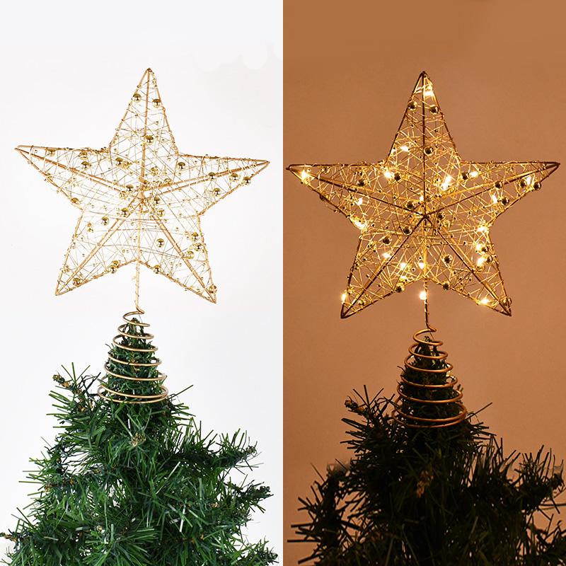 LED Light Christmas Tree Star Topper with Pearl Wire Gold Iron Xmas Tree Ornaments 2025 New Year Home Decoration Natal Noel 2024