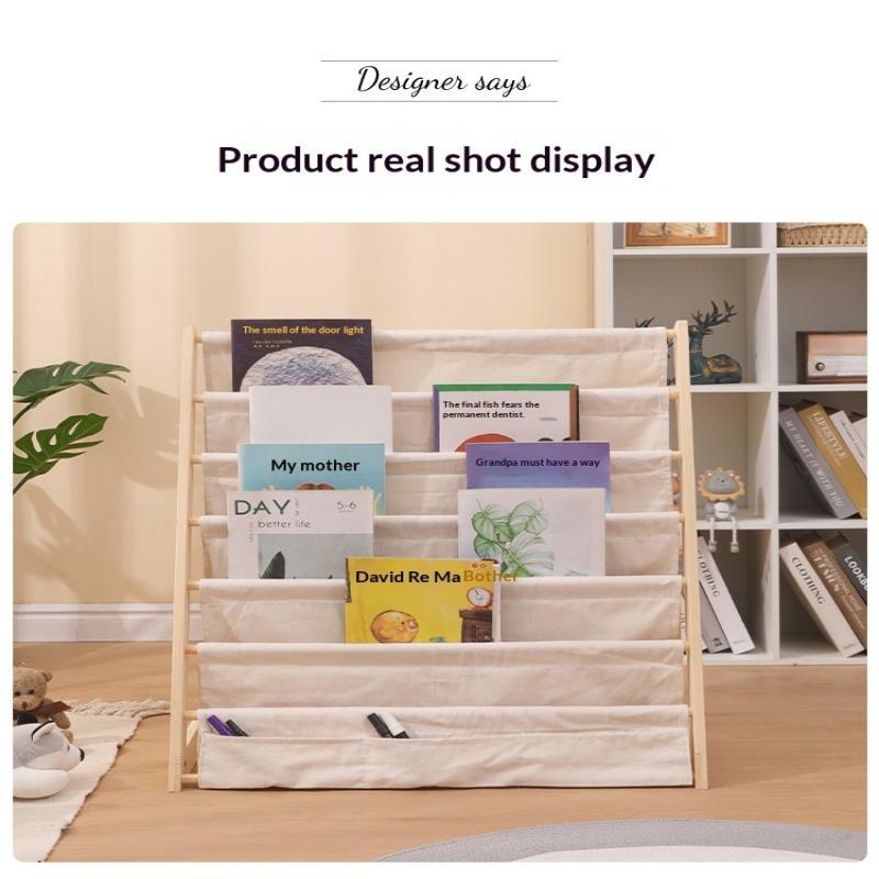 Solid Wood Kids Sling Bookshelf With Canvas Pockets And Large Capacity Perfect For Nursery Playroom Bedroom