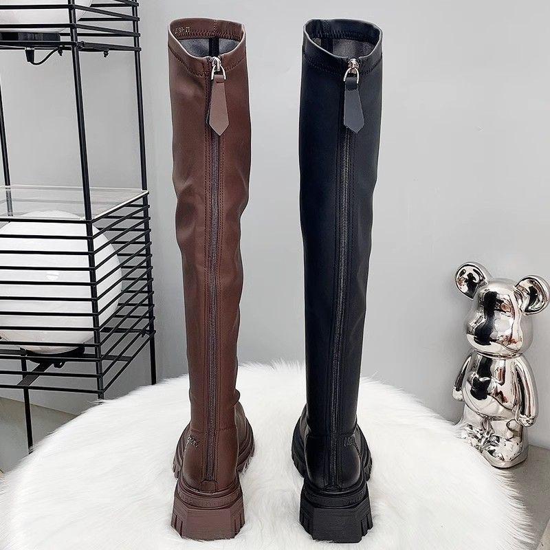 Women's Over-the-Knee High-Tube Autumn/Winter Knight Boots - Slim, Height-Increasing, Elastic, Plus Velvet with Zipper.