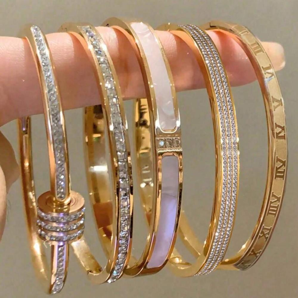 Yupsk Bracciale per Coppia in Acciaio di Titanio Zircone Lucido Intarsiato Braccialetti in Acciaio Inossidabile Colore Oro/Argento Gioielli da Donna Regalo