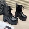Fashion 12.5CM High Chunky Boots Fashion Lace-Up Thick-Heeled Thick-Soled Motorcycle Boots Waterproof Platform Side Zipper Women's Shoes