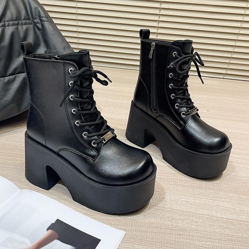 Fashion 12.5CM High Chunky Boots Fashion Lace-Up Thick-Heeled Thick-Soled Motorcycle Boots Waterproof Platform Side Zipper Women's Shoes