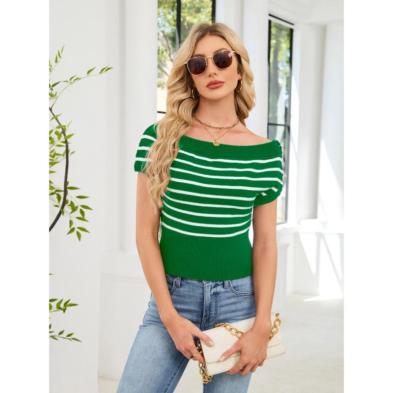 Women's Spring Summer Off Shoulder Striped Knit Top Short Sleeve Button Decor Slim Fit Cropped Casual Daily Blouse