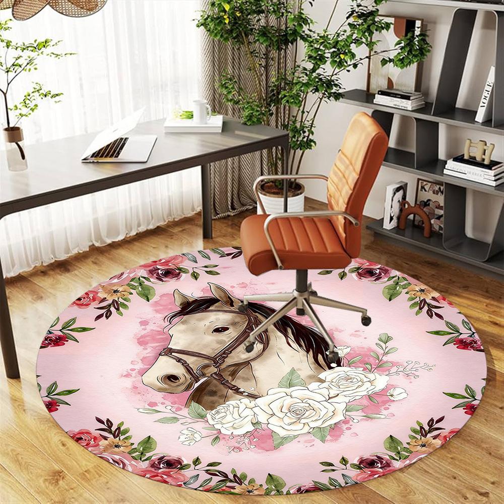 1pc Horse Floral Round Chair mat office Area Rug - Non-Slip, Floor Mat for Office, Bedroom, and Indoor Decor p127230