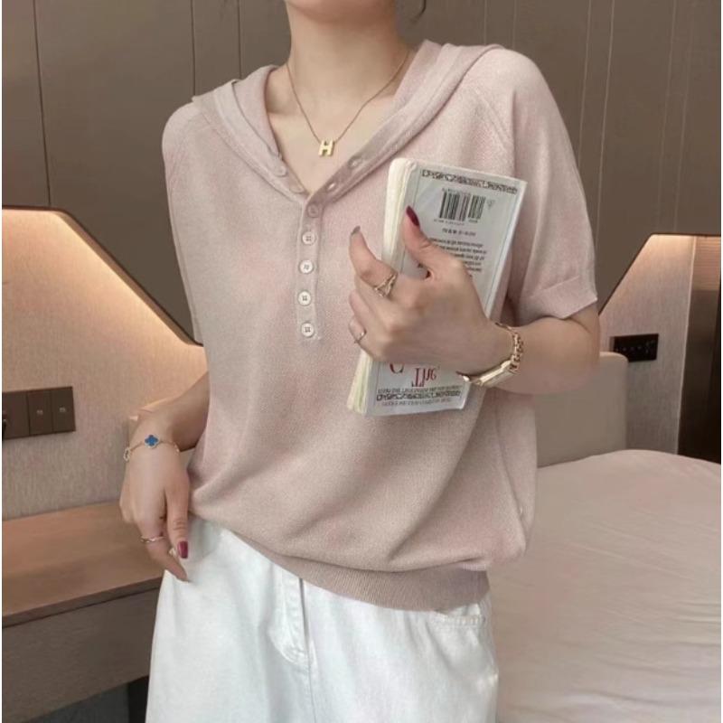 Summer Hooded Knitted T-shirt Women's Loose Ice Silk Top Knitted Sweater Thin