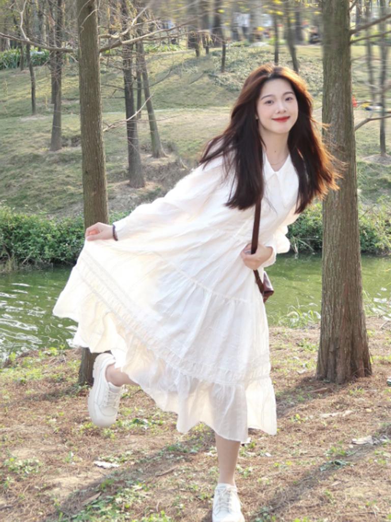 Frühlings-Langarm-Weißes Kleid Mädchen Neues Frühling Süßes Reines Spitzenkleid für Zierliche Mädchen