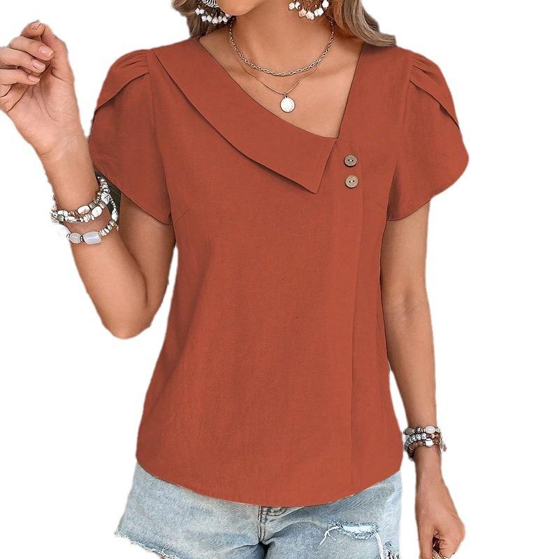 Camiseta feminina verão gola inclinada cor sólida manga curta top