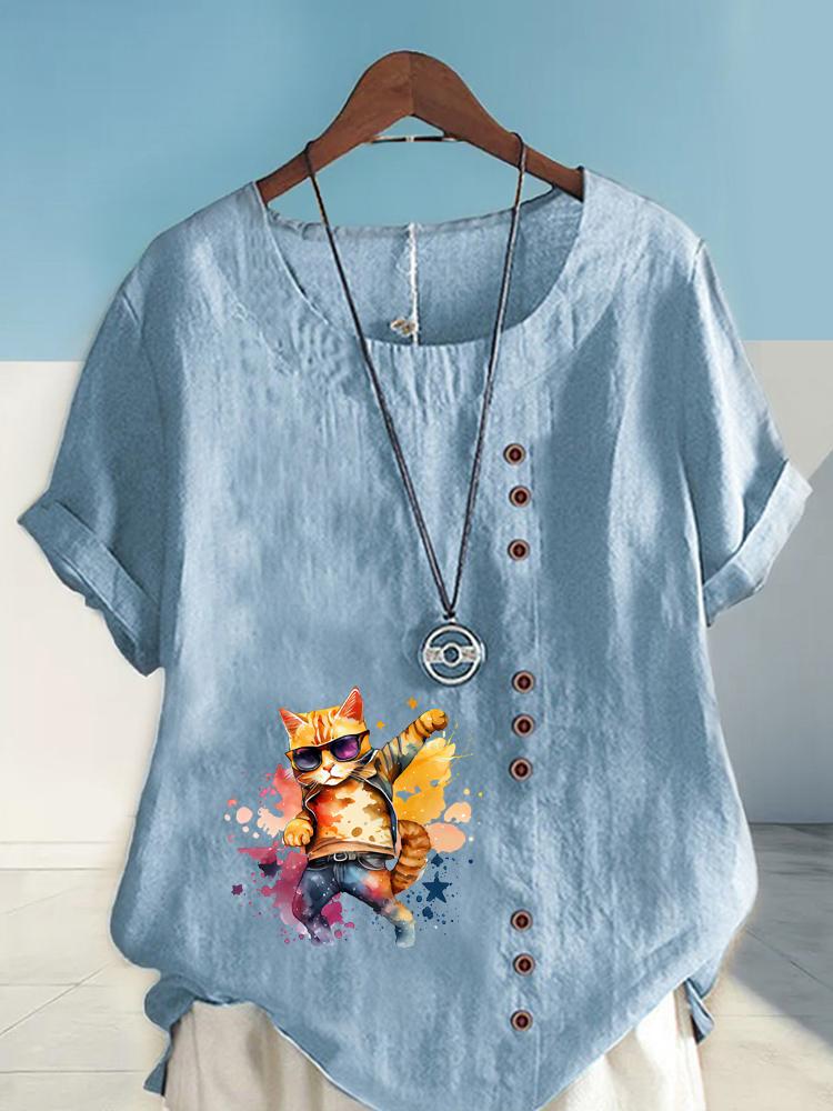 Women's Fashion Cool Cat Print Round Neck Short Sleeve T-shirt Casual Cotton Linen Graphic Shirt Leisure Loose Summer Blouse Tops