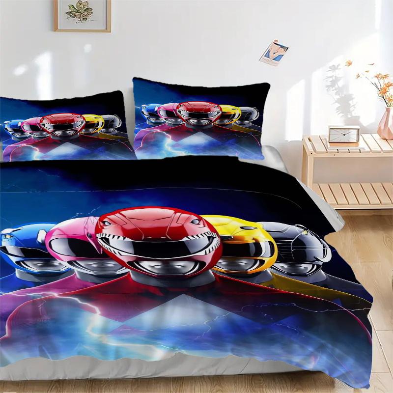 

3pcs Power Rangers Red Ranger Helmet Design Bedding Set - 1 Soft Quilt Cover + 2 Pillowcases, Machine Washable - Suitable for All Seasons, P 135x200cm
