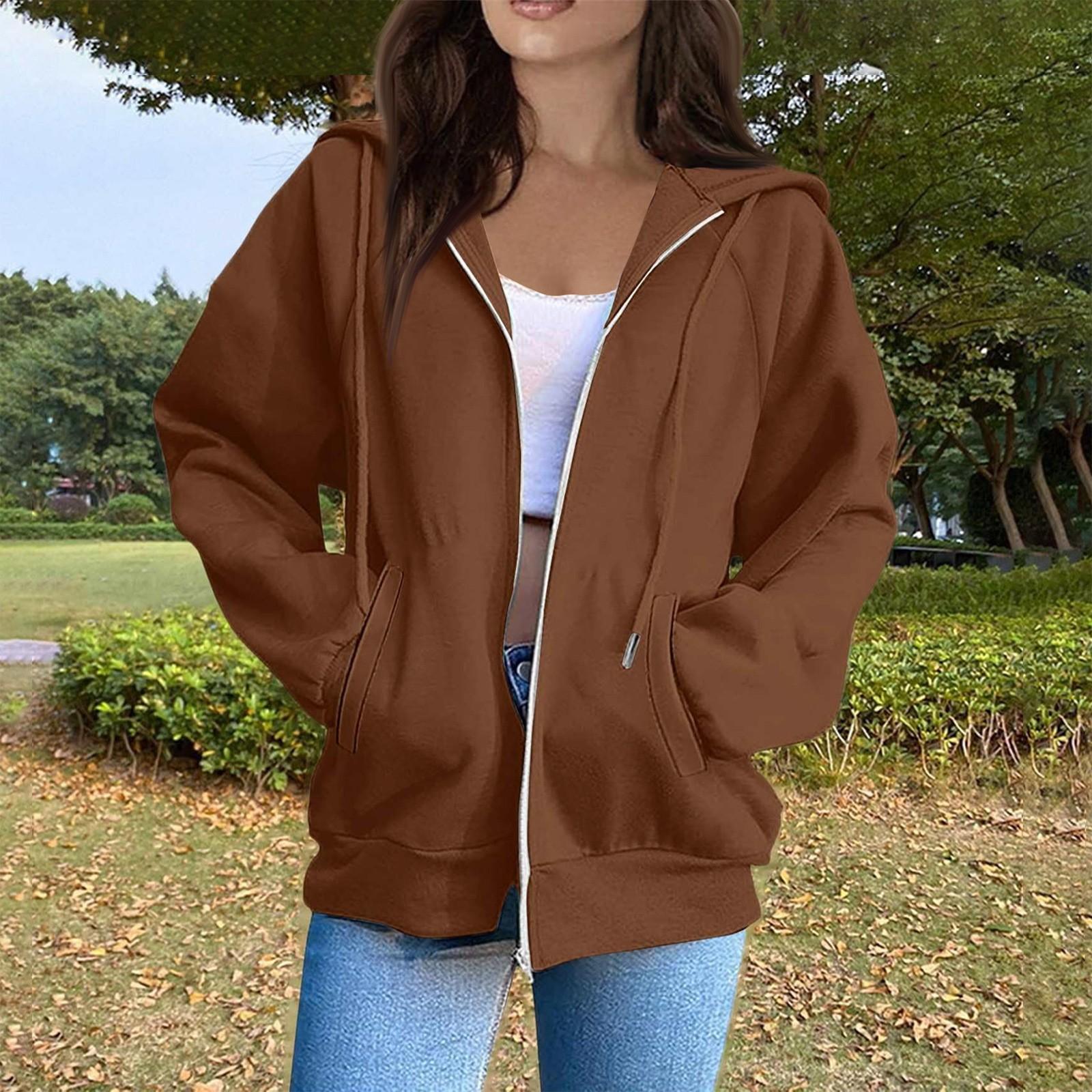 

Женская мода Повседневные толстовки с капюшоном и длинным рукавом однотонные топы L коричневый