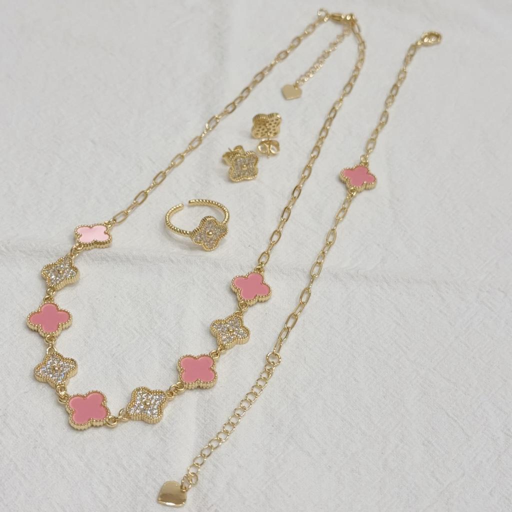 4PCS Clover 18k Copper Jewelry Set Simple and Versatile Petal Necklace Bracelet Ring Earnail Accessories