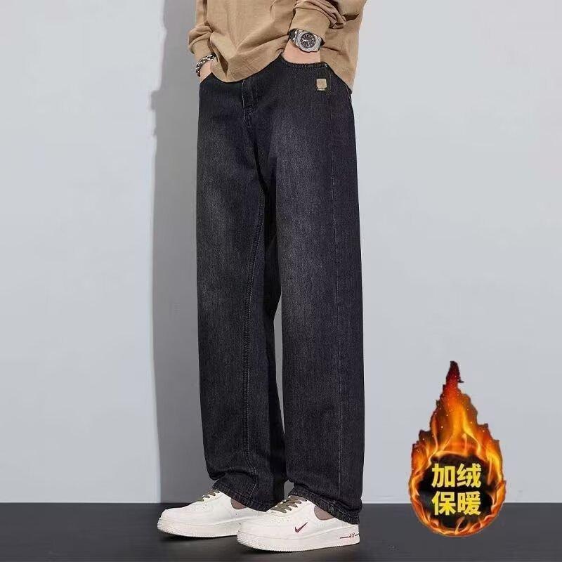 Autumn and Winter New Casual Trousers Men's Loose Straight Fleece Thickened American Wide-leg Pants Retro Jeans