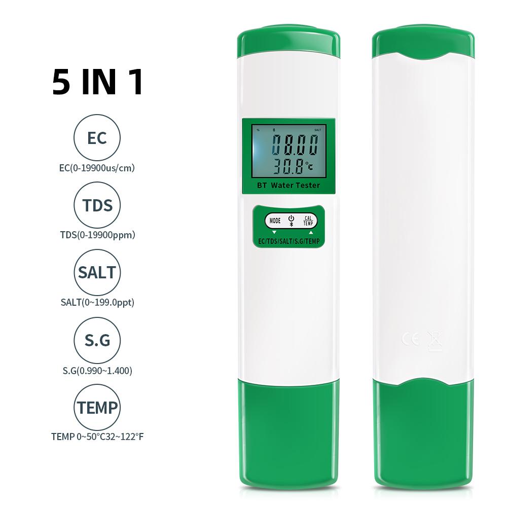 Bluetooth PH Meter 5 In 1 Water Quality Pen EC TDS SALT SG TEMP Meter 2 In 1 Water Tester PH Medidor Aquarium Pool Water Monitor