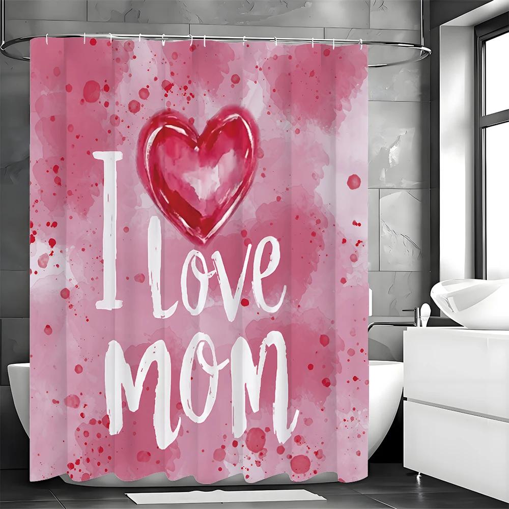 Mother S Day Watercolor Textured Heart I Love Mom Text Shower Curtain, Bathroom Decorative Shower Curtain, Waterproof Shower Cur W60H190(CM)-1 Pcs