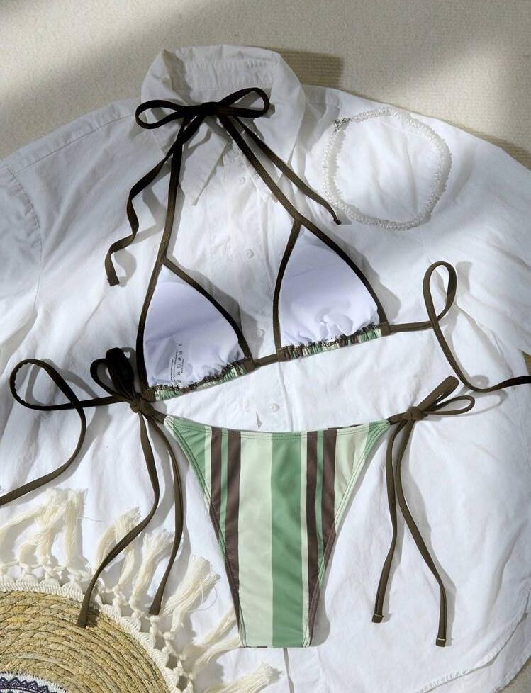 Gestreifter Print Krawatten-Dreieck Sexy geteilter Bikini Badeanzug für Damen