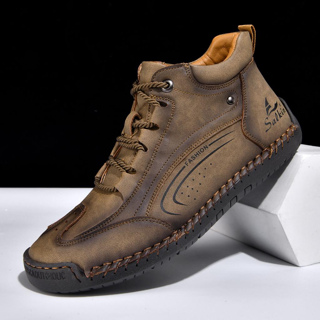 Plus Size Split Leather Shoes Men Vintage Hand Stitching Soft Business Casual Ankle Boots