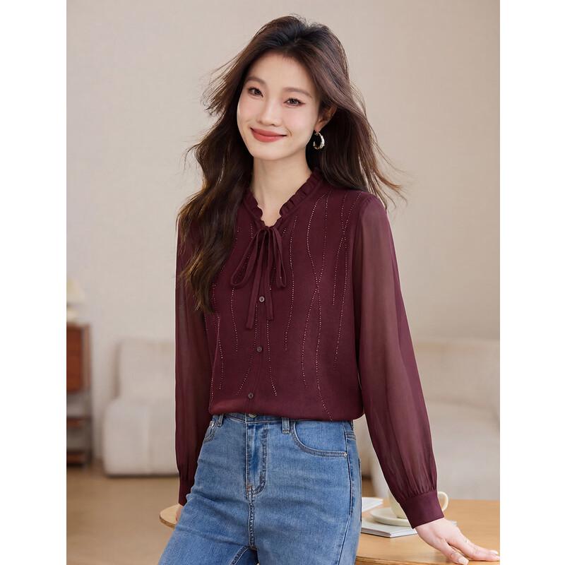 Oudeifu Elegant Rhinestone Tie-Neck Blouse L