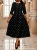 Elegante Vestito a Pois Girocollo Manica Lunga con Tasche