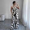 2026 Women's Black & White Halter Wide-Leg Pants with Milk Pattern