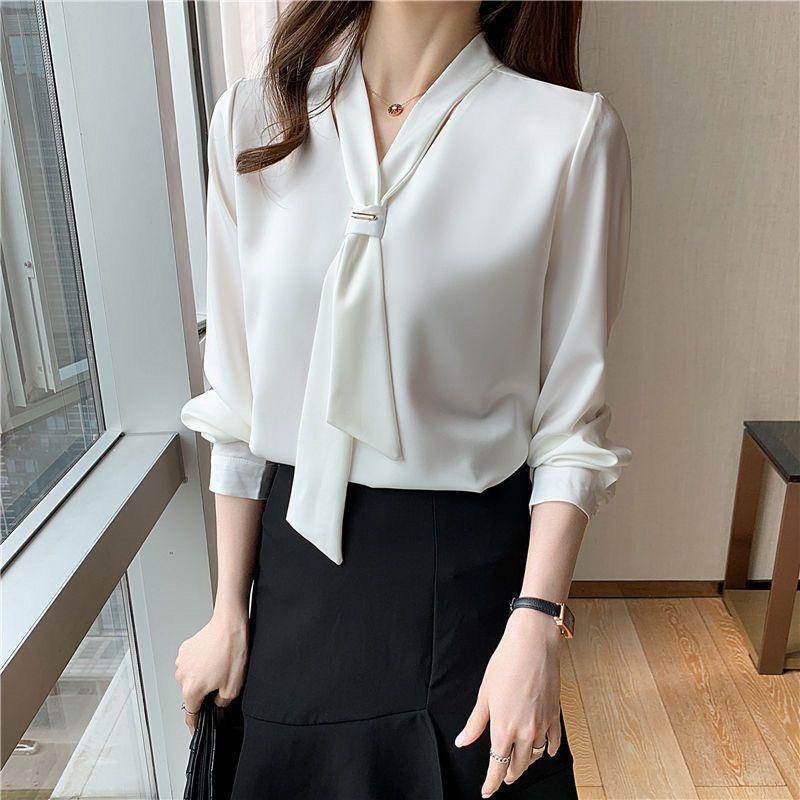 2025 Spring Korean Style Loose Bow Chiffon Blouse: Versatile White Top for Professional Women's Fashion