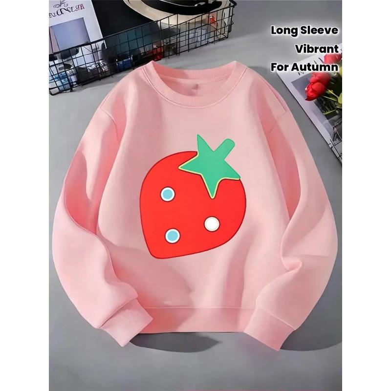 Girls' Crewneck Sweatshirt - Strawberry Shape with Blue Dots And Machine Washable, Spring And Autumn