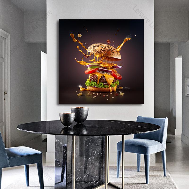 Modern Art Chicken Burger Canvas Painting Food Art Fast Food Hamburger Poster and Prints for Living Room Restaurant Wall Decor