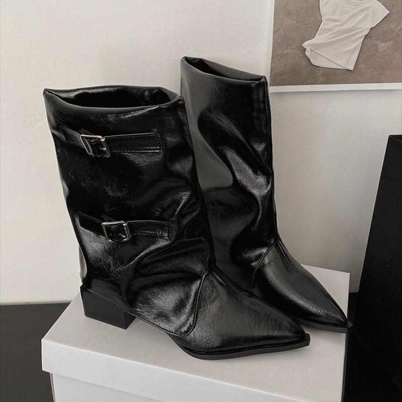 Podzim Zima Dámské Kotníkové Boty na Silném Podpatku Módní Pásek s Přezkou Špičaté Boty Dámské Skládané Svršek Krátké Dámské Kotníkové Boty
