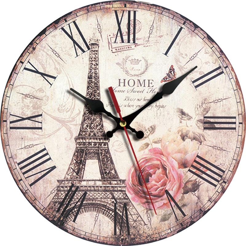 30CM Silent Wall Clock,Vintage Pattern Wooden Cardboard Wall Clock, European Retro Clock for Chic Home Office Cafe Decor