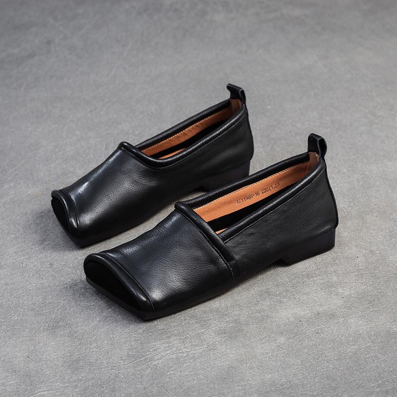 

Johnature Натуральная кожа квадратный носок плоские мокасины ретро мягкая подошва удобные женские туфли без застежек 40 чёрный