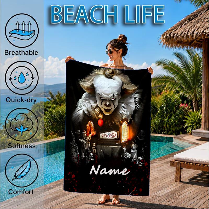 Custom Name Clown Horror Microfiber Beach Towel, Quick-Dry, for Summer Travel, Beach Essential, Picnic Essentials, Swimming Pool