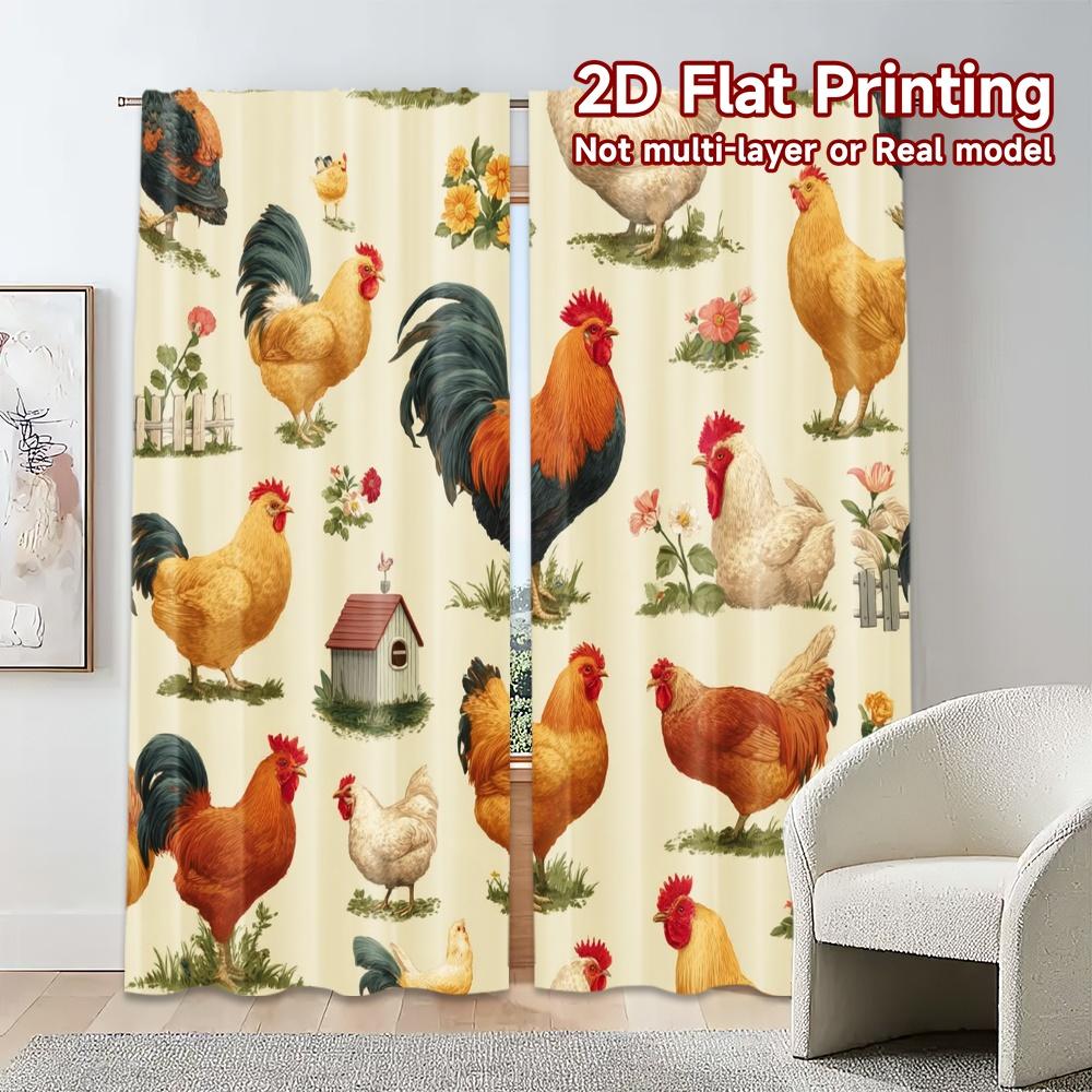 2pcs, 2D FLAT PRINTING Curtains (Without Rod) Rooster Pattern Popular Contemporary Curtains Versatile Polyester Curtains All