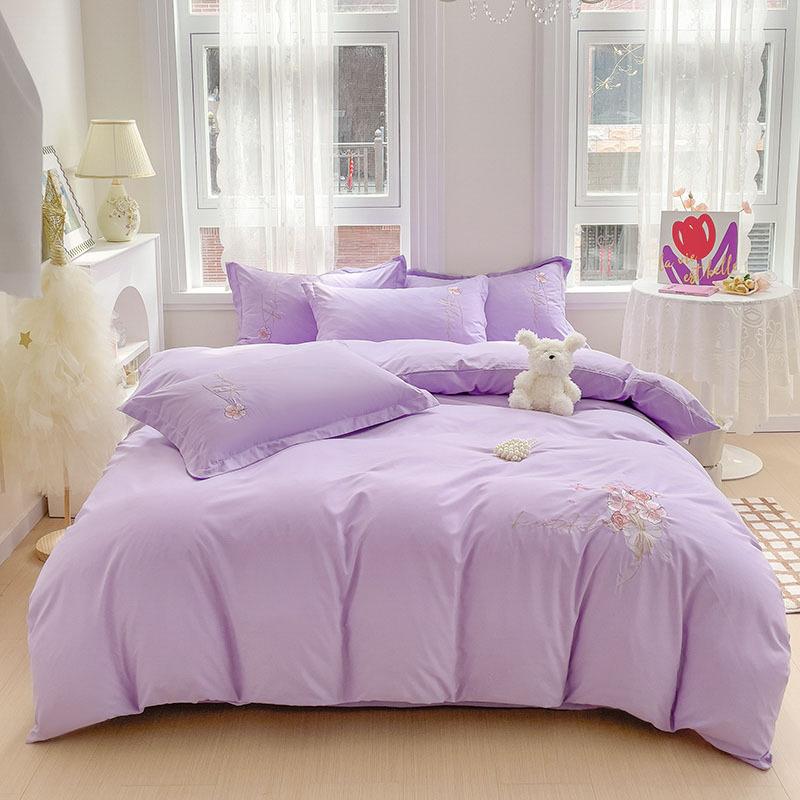 Four-piece Washed Cotton Embroidery Skin-friendly, Soft and Breathable Printing and Dyeing Non-fading Simple Bedding