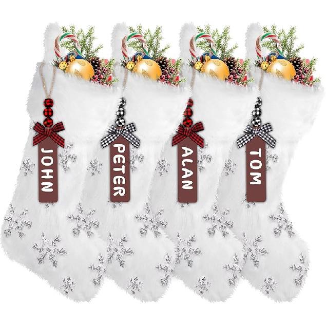 XIMISHOP 4PCS White Christmas Stockings, Large Xmas Glitter Snowflake Plush Hanging Stocking Decoration with Name Tags for Christmas Holiday Family