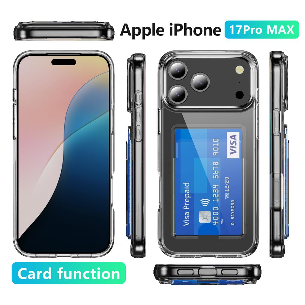 For iPhone 17 Pro Max Clear Phone Case with 2Pcs Screen Film WANLONFENG CK1 Series Card Holder Cover (Big Lens Hole)