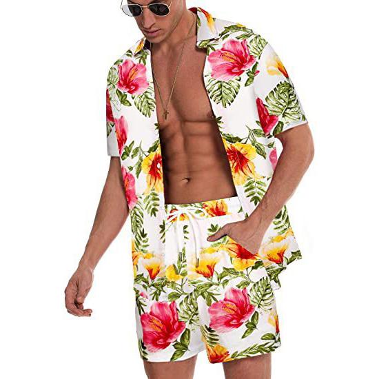 Spring and Summer Loose Beach Casual Men's Clothing Floral Print Fashion Top Shirt Set