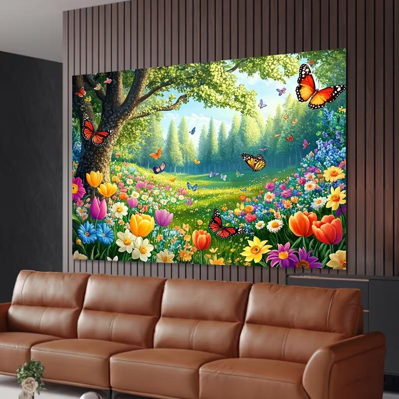 Nature Scenery Flower and Butterfly Tapestry Spring Forest Wall Art for Aesthetic Room and Nursery Decor