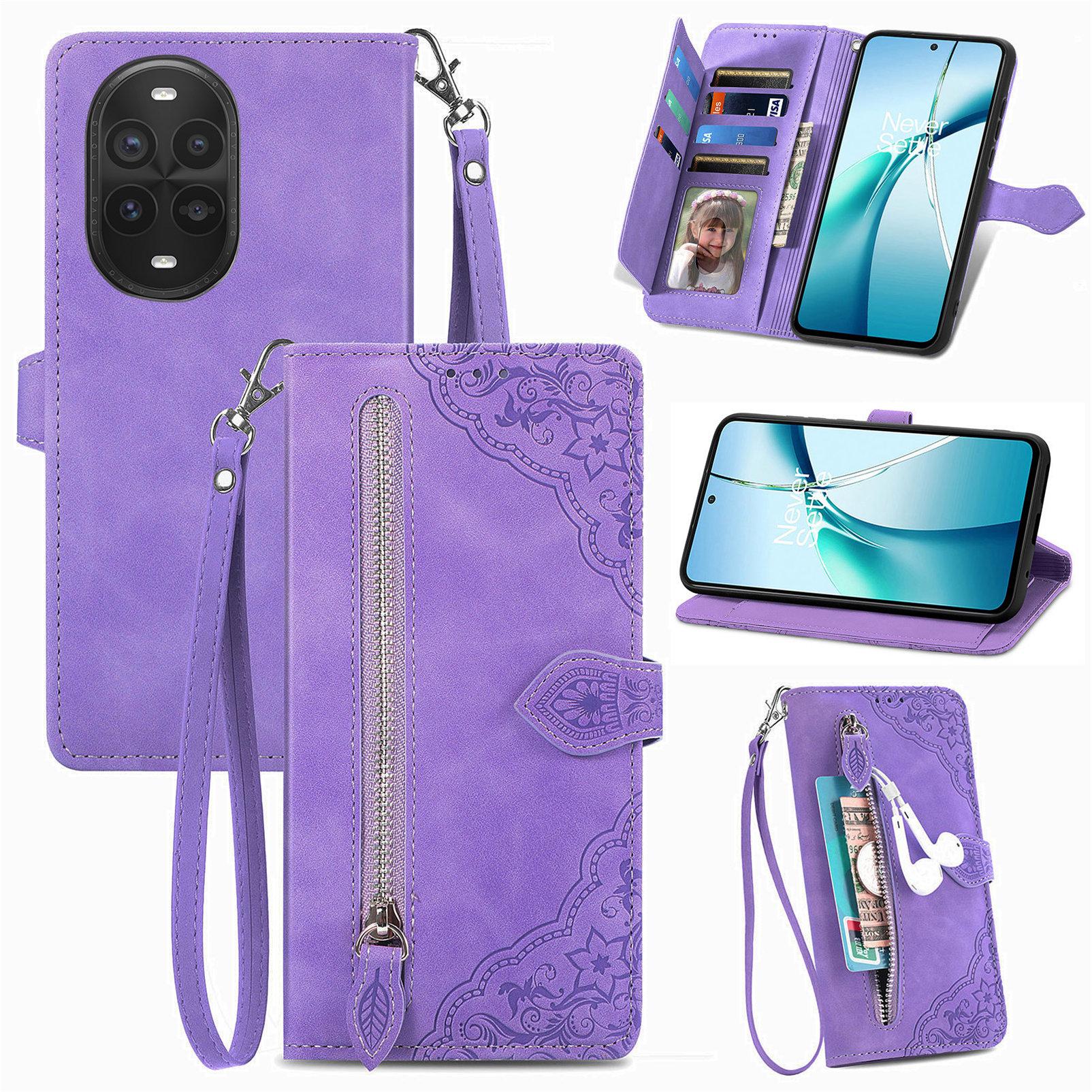 

Чохол-гаманець на блискавці для Huawei nova 13 Pro 5G з ремінцем, з квітковим тисненням, PU шкіра, чохол для телефону Purple