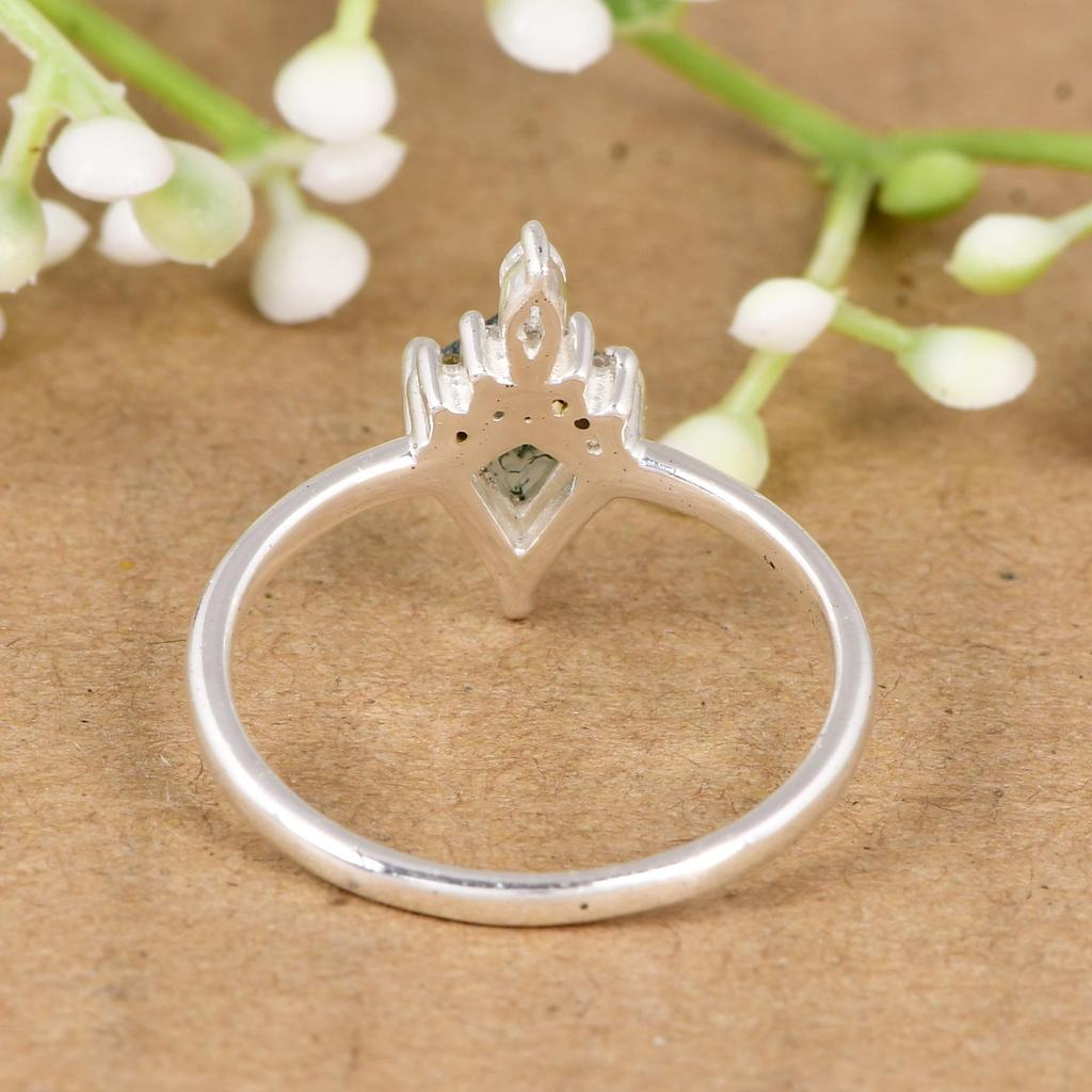 Vintage Moss Agate Promise Ring with CZ Halo | Nature Inspired Sterling Silver Ring | Moss Agate & Cubic Zirconia Engagement Ring