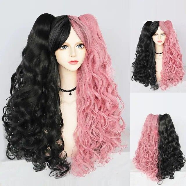 Parrucca Cosplay sintetica lunga colorata riccia per ragazze Lolita Cosplay con doppia coda di cavallo e 1 cuffia per parrucca