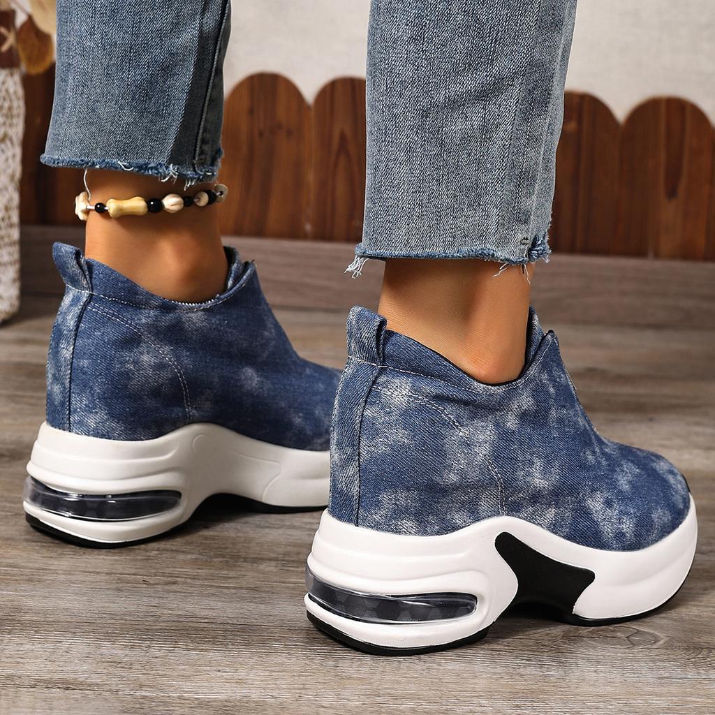 Fashion Chunky Platform Sneakers for Women Thick Bottom Casual Sports Shoes Woman Blue Denim Wedge Heel Cushion Sneakers 35-42