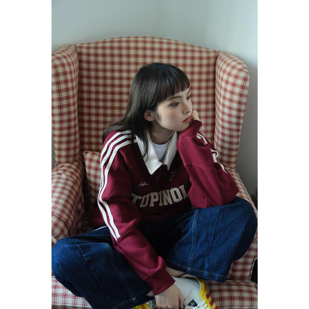 Women's Striped Polo Collar Sweatshirt - Korean Style with American Letter Embroidery