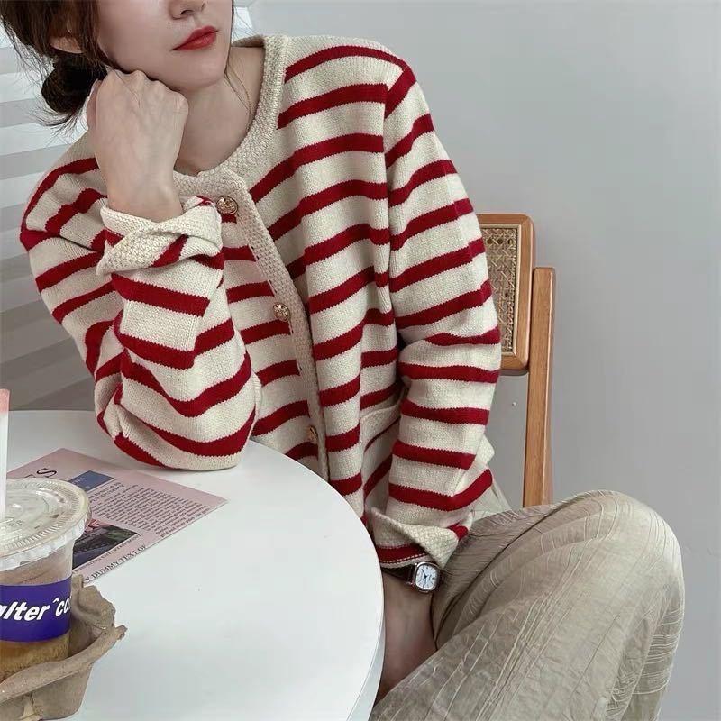 Striped jacket women's new loose casual lazy wind crew neck knitted sweater long sleeve cardigan sweater women
