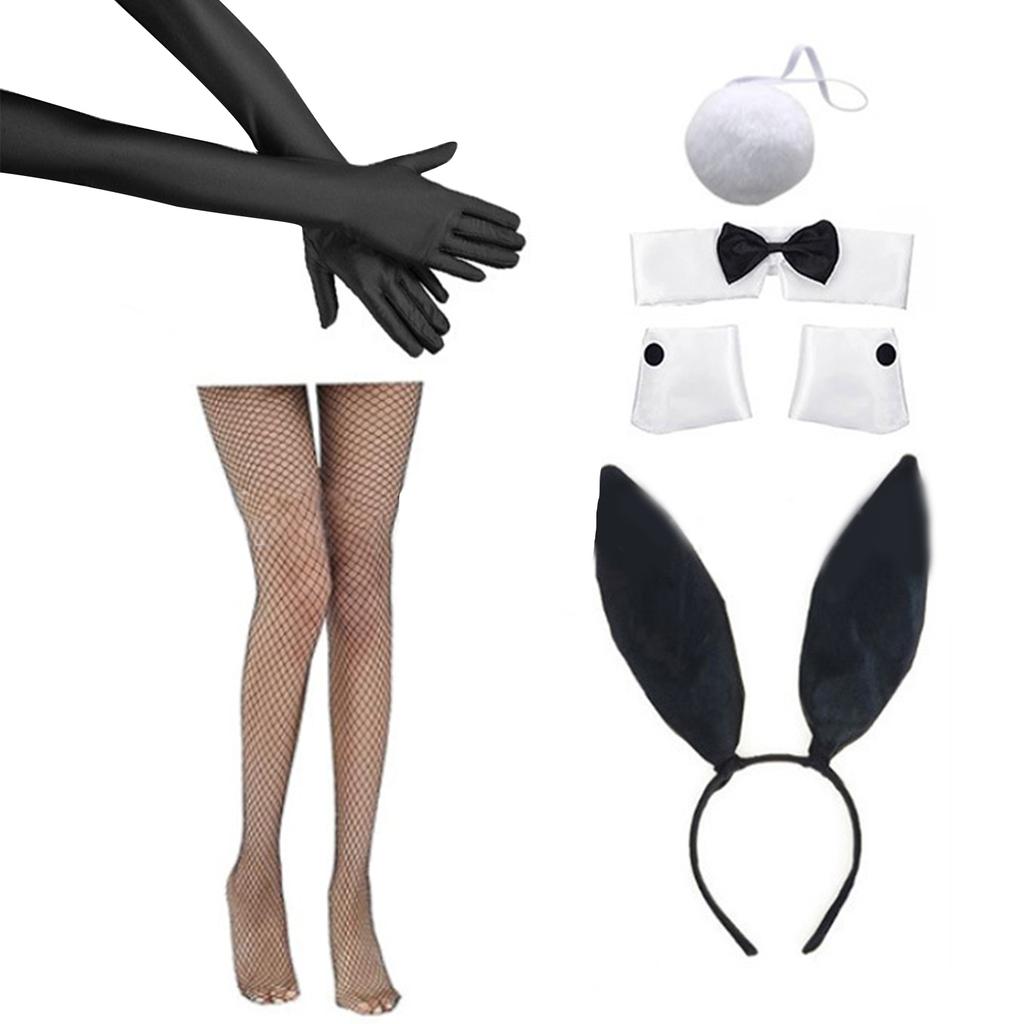 Adult Rabbit Ear Headband+Wrist Cuffs with Long Glove&Fish Net Stocking Set Easter Necktie for Woman Festival Gift