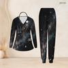 Women Plus Size V Neck Long Sleeve Scrub Set Purple Pink Cosmic Swirl Galaxy Print Nurse Uniform Set